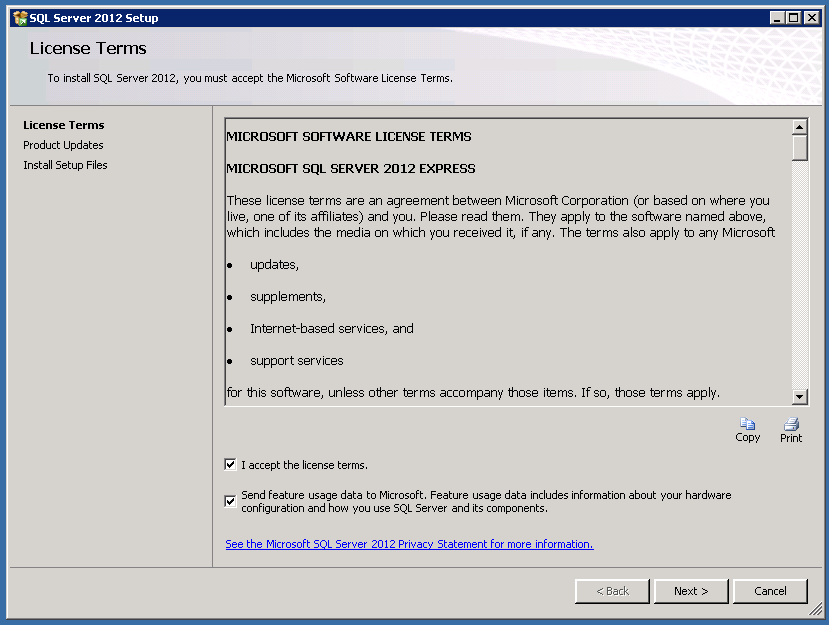 SQL Server installation license terms