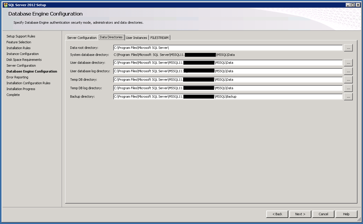 Database engine configuration - data directories