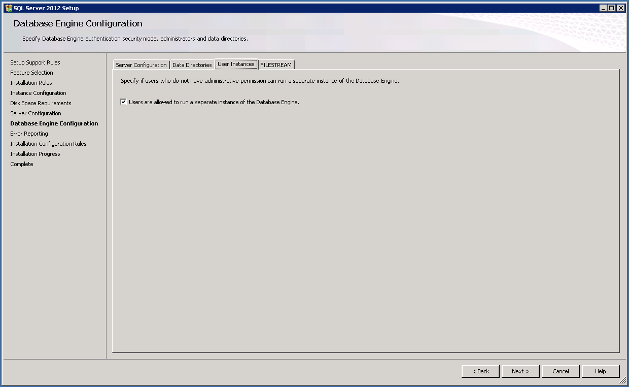 Database engine configuration - user instances