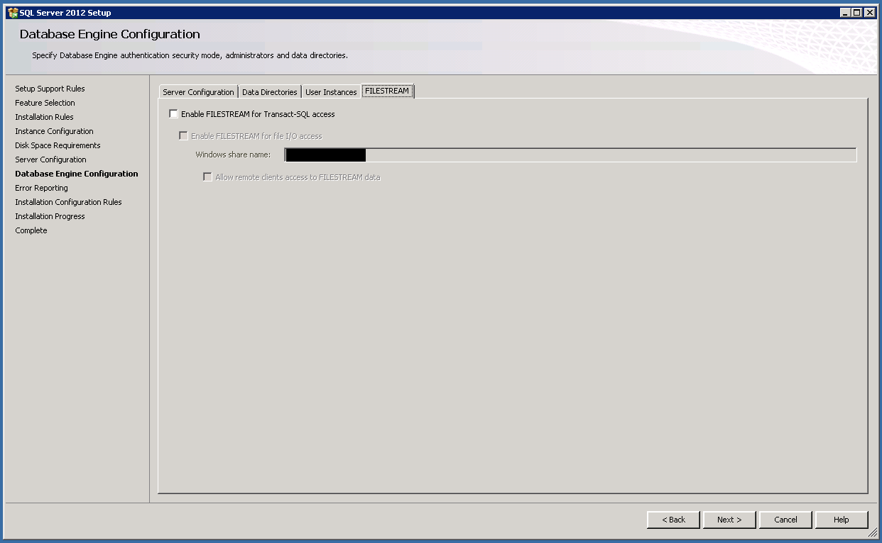 Database engine configuration - FILESTREAM