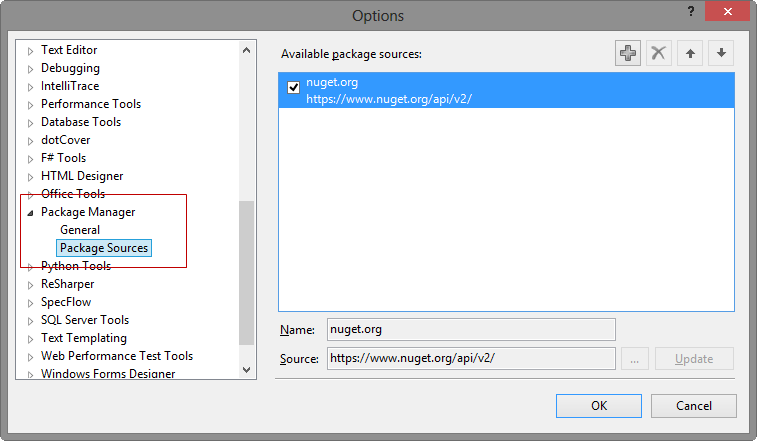 Nuget package source settings