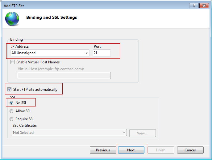 Binding and SSL settings