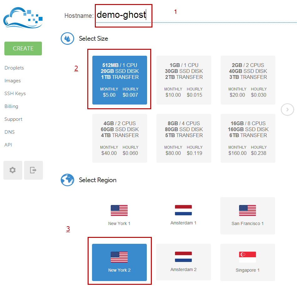 DigitalOcean - Select Hostname, Size and region