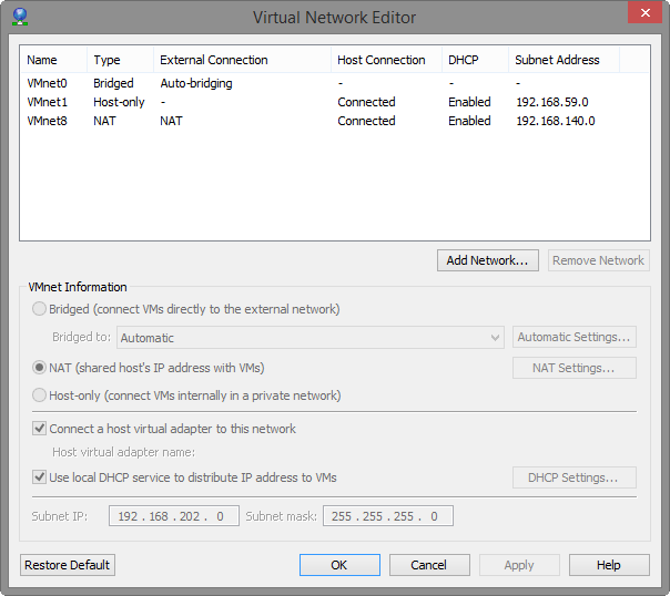 VMware network connection after Restore default