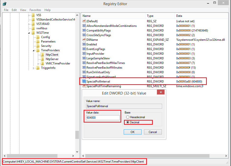 How to change time sync time interval in windows