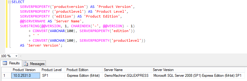 SQL Query output for get product and version details of installed SQL Server