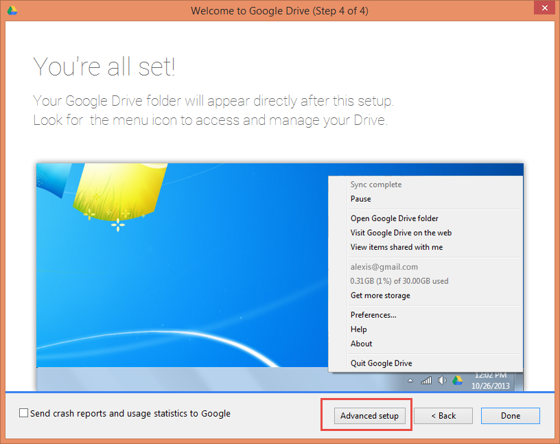Google drive setup wizard - Step 4 - Advanced setup