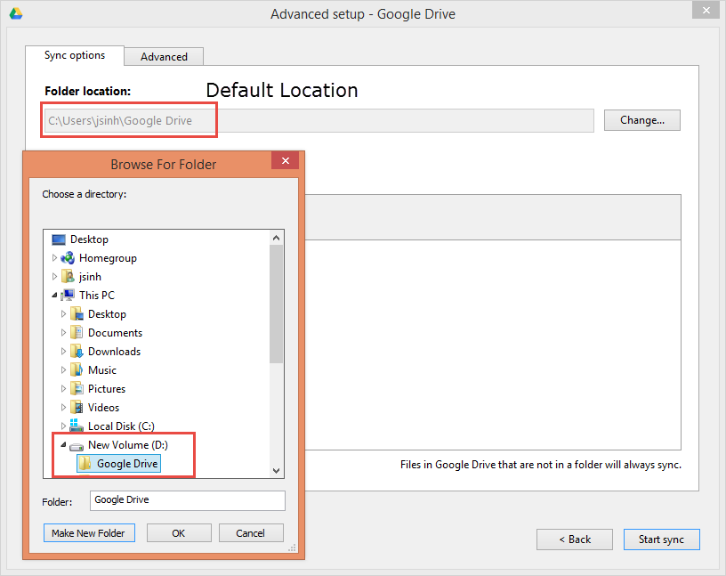 Change default location for Google Drive
