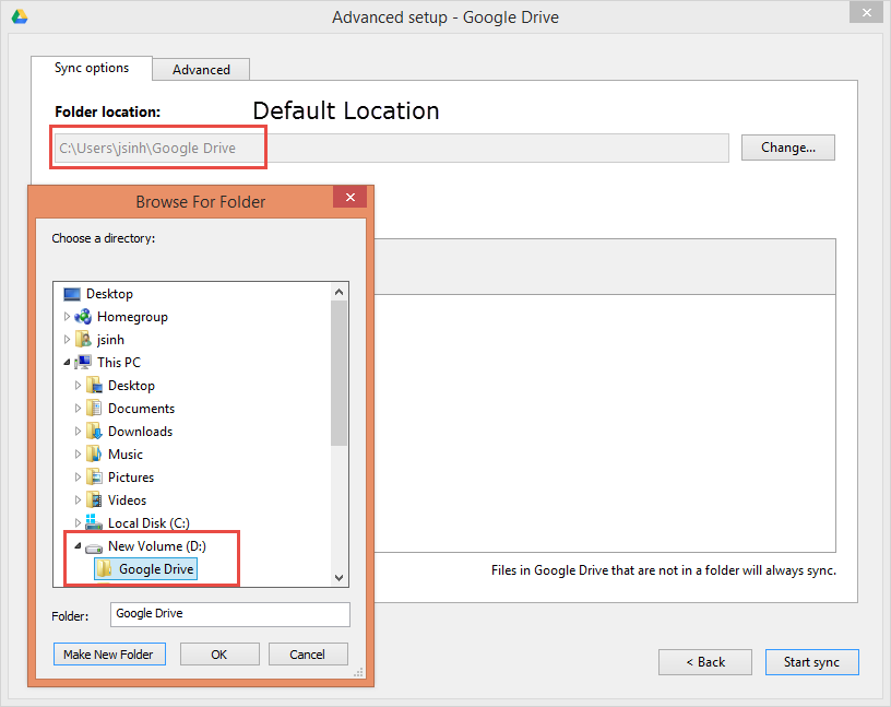 change google drive sync folder