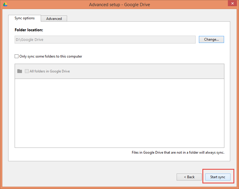 Start sync for google drive to non-default folder path
