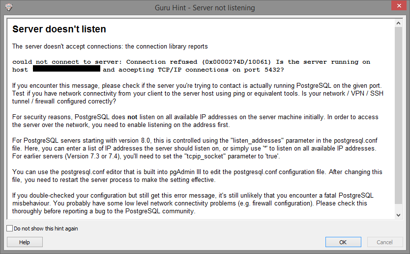 Unable to connect to PostgreSQL DB. Connection Refused