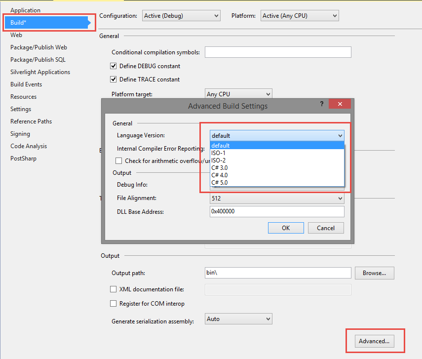 Language Version option in VS2013 - ASP.NET 4