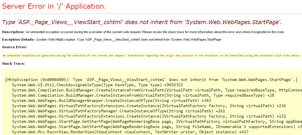 ViewStart does not inherit from System.Web.WebPages.StartPage