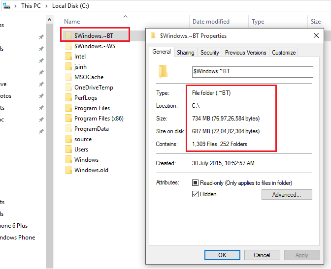 Hidden folder - Windows 10 upgrade - $Windows.~BT