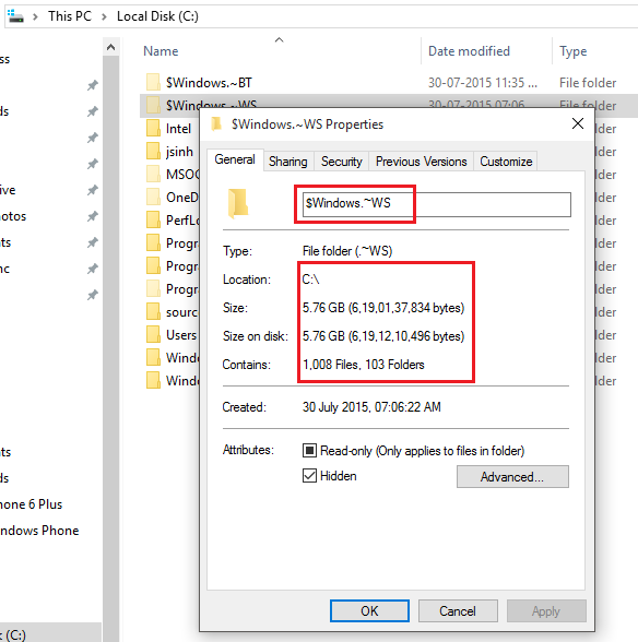 Hidden folder - Windows 10 upgrade - $Windows.~WS
