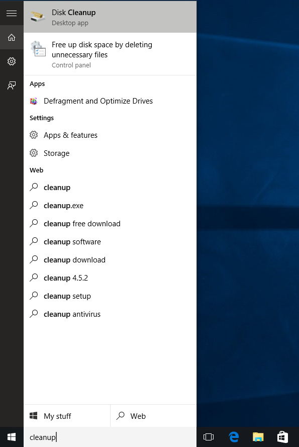 Start menu search - Disk Cleanup