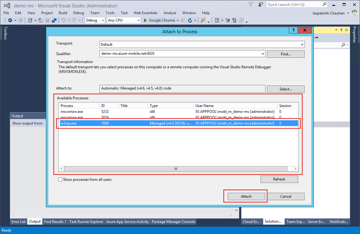 Available processes list - w3wp.exe - click attach